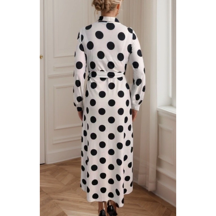 Kadın Uzun Kollu Kruvaze Yaka Yandan Bağlamalı Krep Tam Boy Elbise