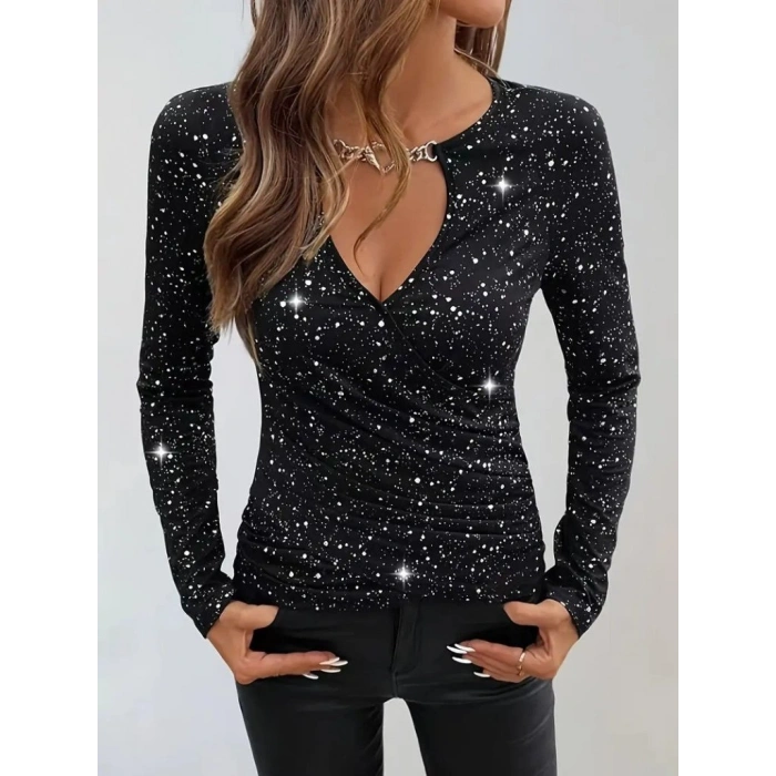 Kadın Uzun Kollu Kruvaze Yakalı Aksesuarlı Dalgıç Bluz