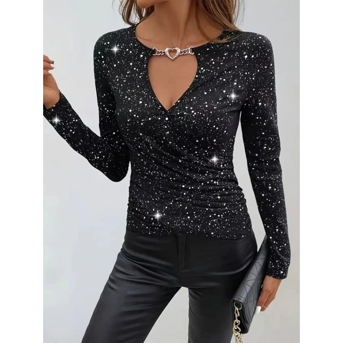 Kadın Uzun Kollu Kruvaze Yakalı Aksesuarlı Dalgıç Bluz