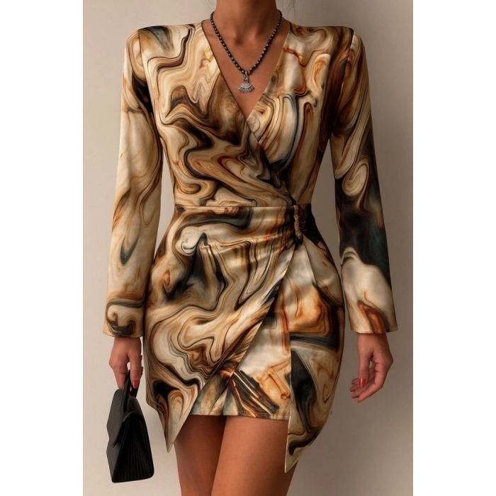 Kadın Uzun Kollu Kruvaze Yakalı Asimetrik Detaylı Mini Modal Elbise