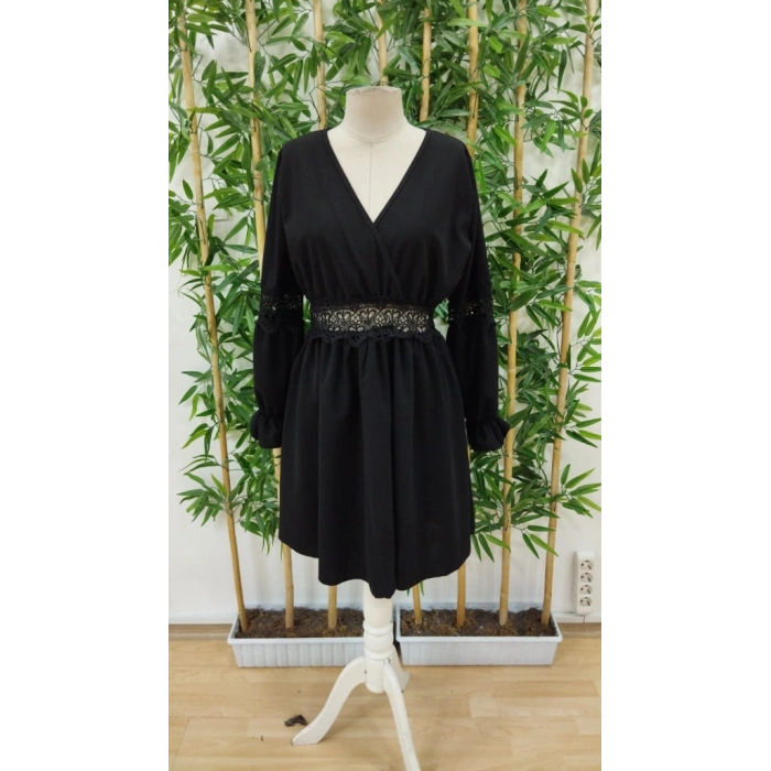 Kadın Uzun Kollu Kruvaze Yakalı Dantelli Fermuar Detaylı Kısa Ithal Krep Elbise