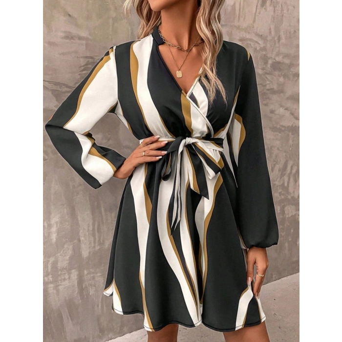 Kadın Uzun Kollu Kruvaze Yakalı Desenli Modal Mini Elbise