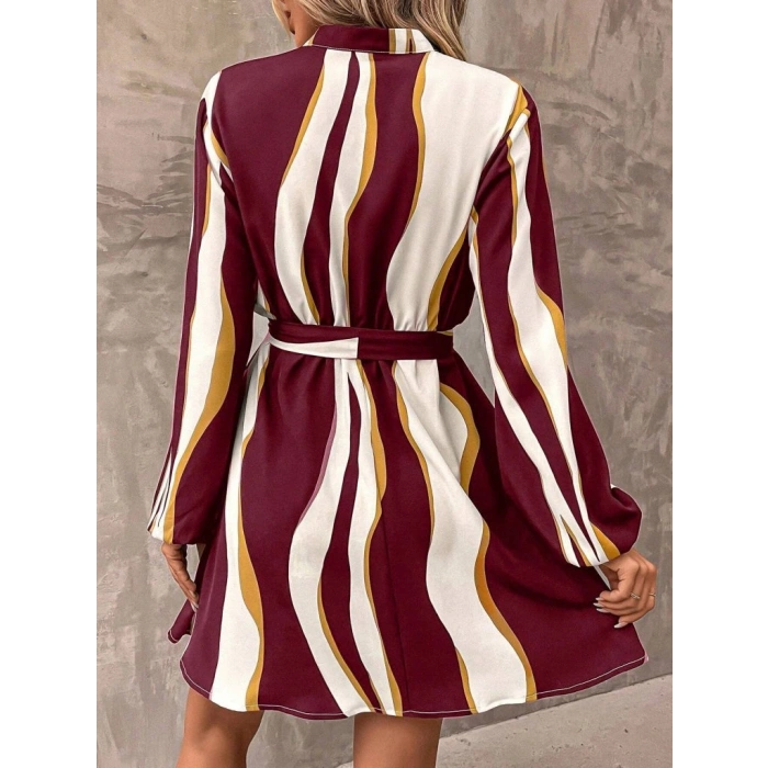 Kadın Uzun Kollu Kruvaze Yakalı Desenli Modal Mini Elbise