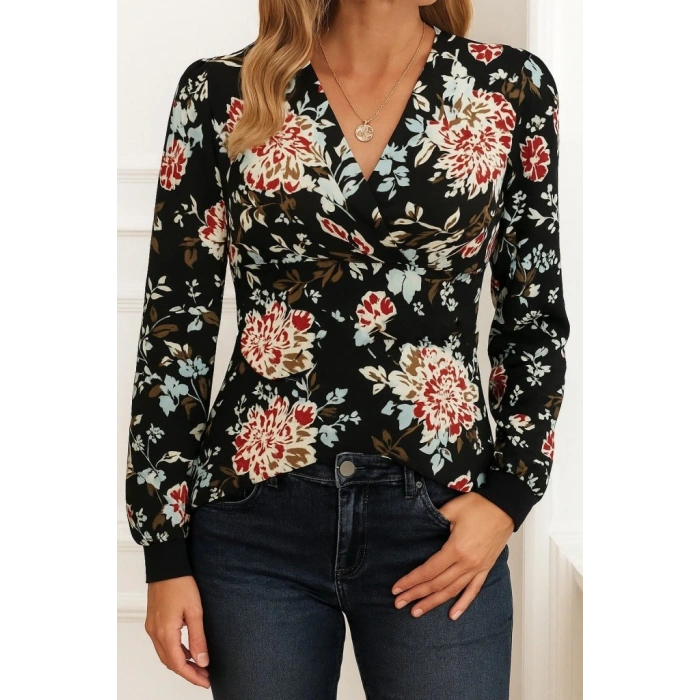 Kadın Uzun Kollu Kruvaze Yakalı Kelebek Desenli şardonlu Dalgıç Bluz