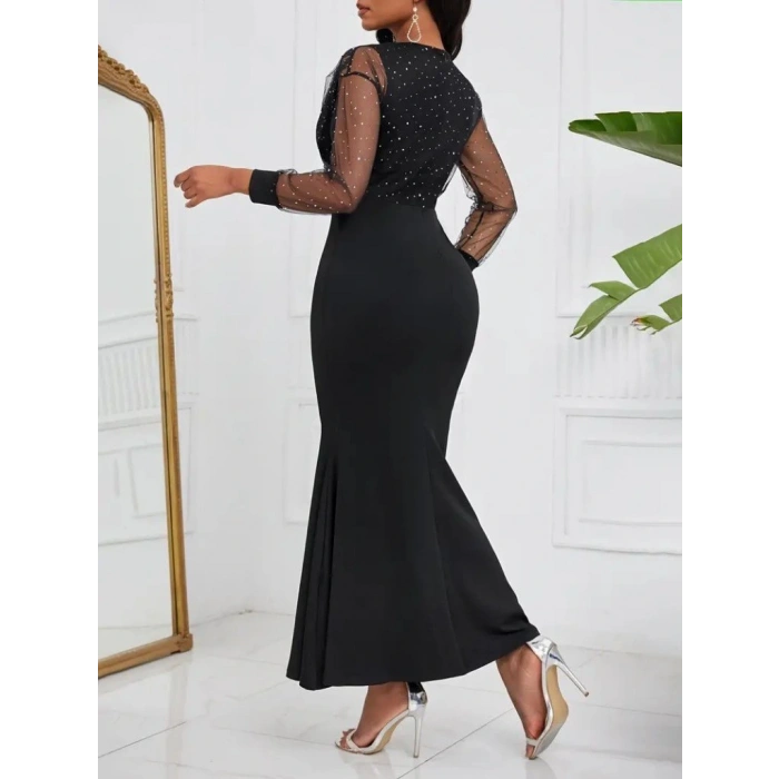 Kadın Uzun Kollu Kruvaze Yakalı Taş Ve Tül Detaylı Uzun Ithal Krep Elbise