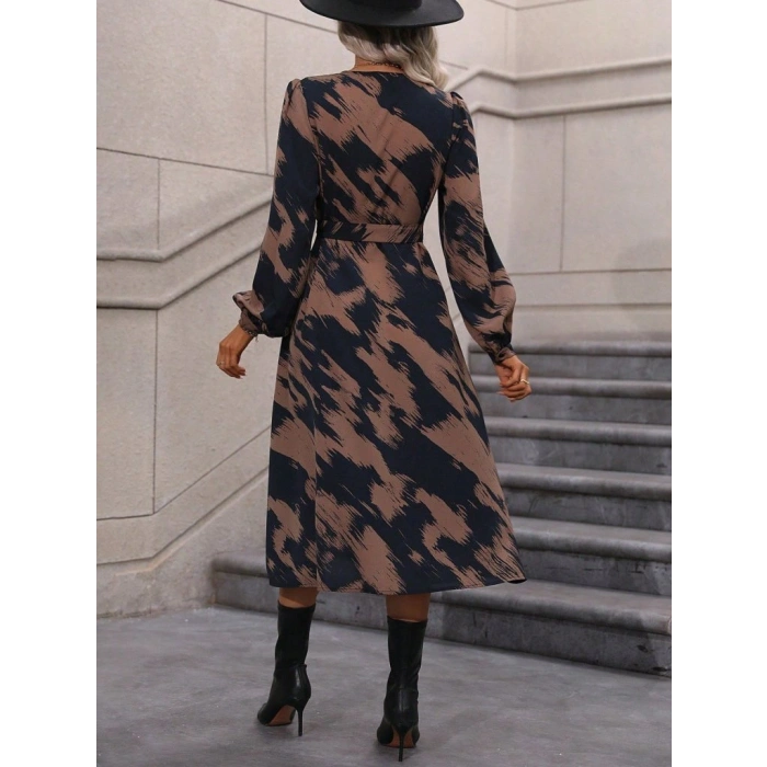 Kadın Uzun Kollu Kruvaze Yakalı Yandan Bağlamalı Desenli Mini Modal Elbise