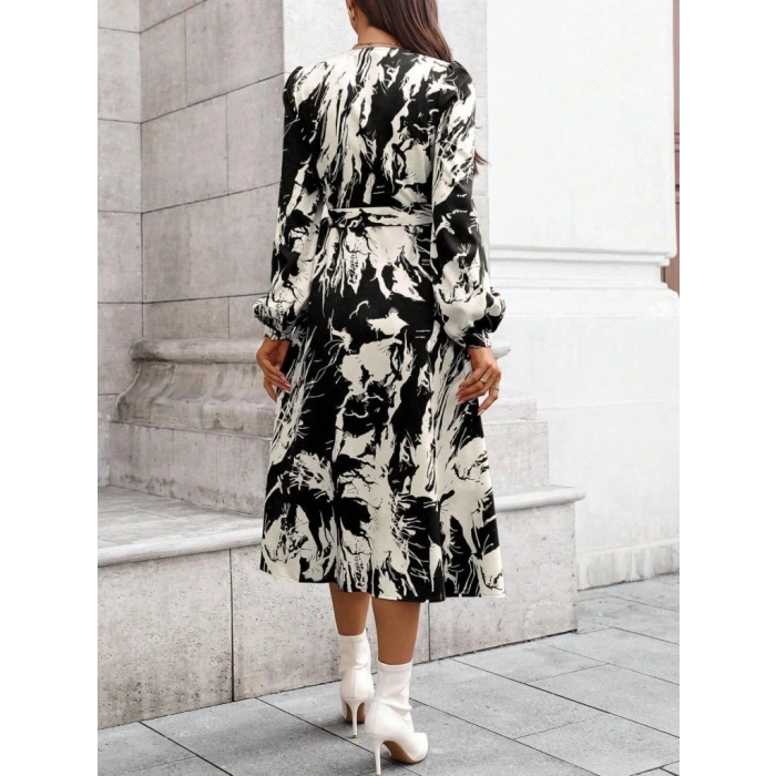 Kadın Uzun Kollu Kruvaze Yakalı Yandan Bağlamalı Desenli Mini Modal Elbise