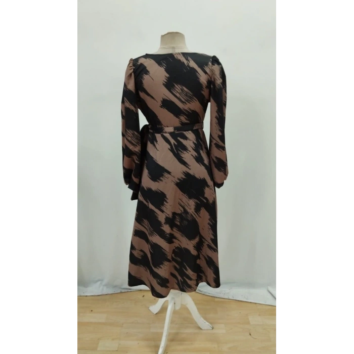 Kadın Uzun Kollu Kruvaze Yakalı Yandan Bağlamalı Desenli Mini Modal Elbise