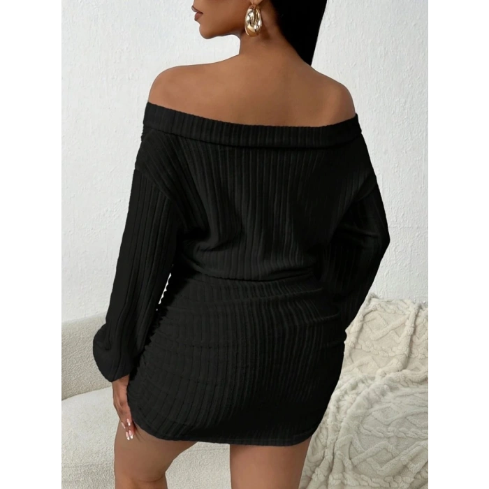 Kadın Uzun Kollu Madonna Yaka Yanlardan Büzgülü şardonlu Kaşkorse Mini Elbise