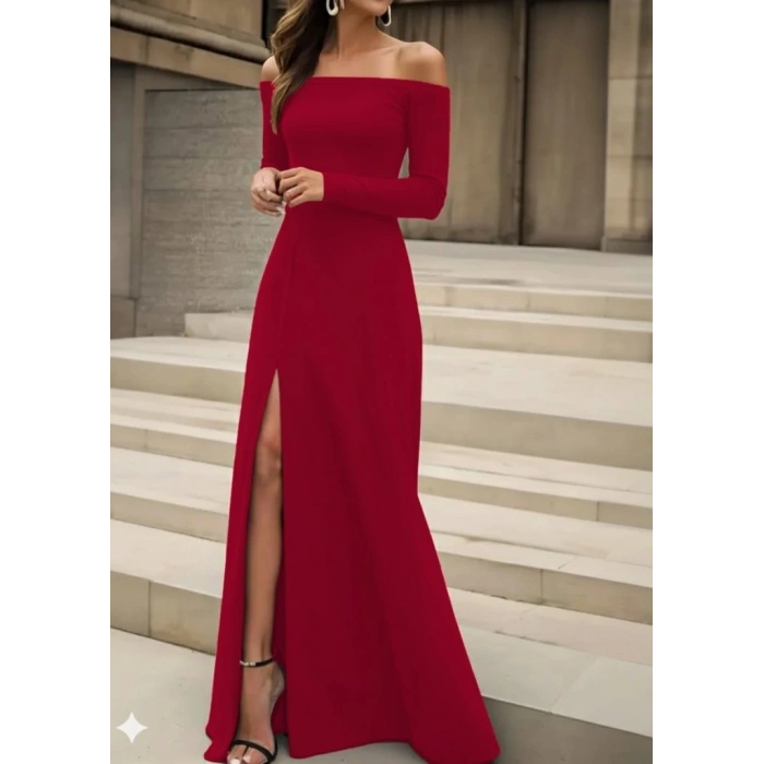 Kadın Uzun Kollu Madonna Yakalı Yırtmaç Detaylı Uzun Ithal Krep Elbise