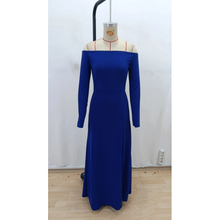 Kadın Uzun Kollu Madonna Yakalı Yırtmaç Detaylı Uzun Ithal Krep Elbise