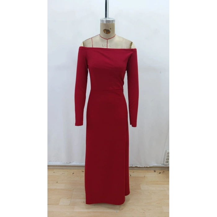 Kadın Uzun Kollu Madonna Yakalı Yırtmaç Detaylı Uzun Ithal Krep Elbise