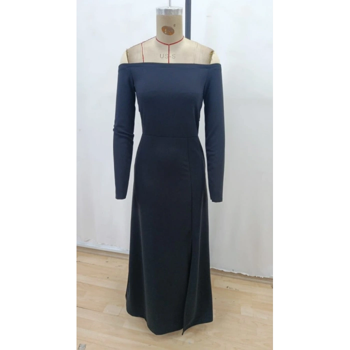 Kadın Uzun Kollu Madonna Yakalı Yırtmaç Detaylı Uzun Ithal Krep Elbise