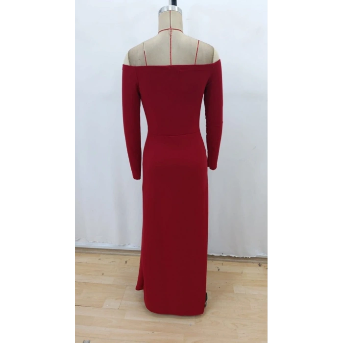 Kadın Uzun Kollu Madonna Yakalı Yırtmaç Detaylı Uzun Ithal Krep Elbise