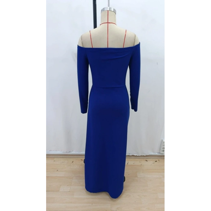 Kadın Uzun Kollu Madonna Yakalı Yırtmaç Detaylı Uzun Ithal Krep Elbise