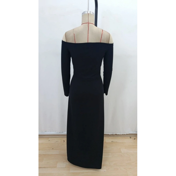 Kadın Uzun Kollu Madonna Yakalı Yırtmaç Detaylı Uzun Ithal Krep Elbise