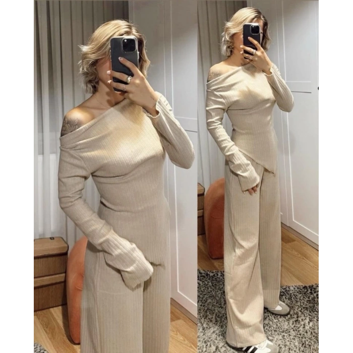 Kadın Uzun Kollu Omuzlardan Açık Asimetrik Kesim Kaşkorse Bluz Ve Pantolon Ikili Pantolon