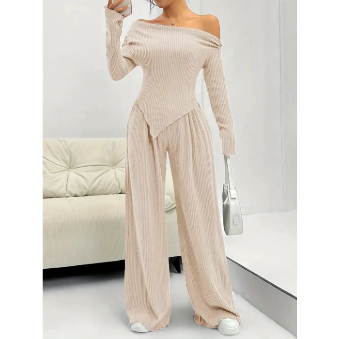 Kadın Uzun Kollu Omuzlardan Açık Asimetrik Kesim Kaşkorse Bluz Ve Pantolon Ikili Pantolon