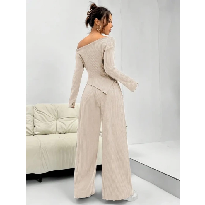 Kadın Uzun Kollu Omuzlardan Açık Asimetrik Kesim Kaşkorse Bluz Ve Pantolon Ikili Pantolon