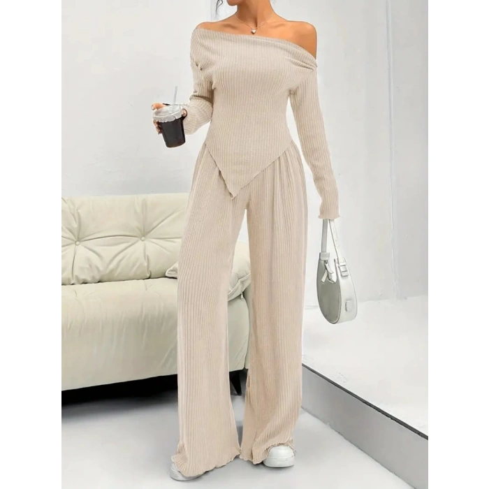 Kadın Uzun Kollu Omuzlardan Açık Asimetrik Kesim Kaşkorse Bluz Ve Pantolon Ikili Pantolon