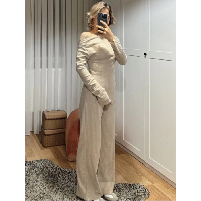 Kadın Uzun Kollu Omuzlardan Açık Asimetrik Kesim Kaşkorse Bluz Ve Pantolon Ikili Pantolon