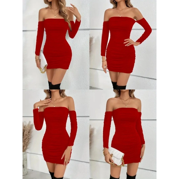 Kadın Uzun Kollu Omuzlardan Açık Takma Kollu Büzgülü Sandy Kısa Elbise