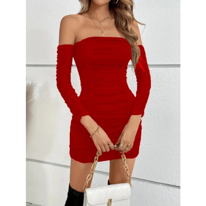 Kadın Uzun Kollu Omuzlardan Açık Takma Kollu Büzgülü Sandy Kısa Elbise