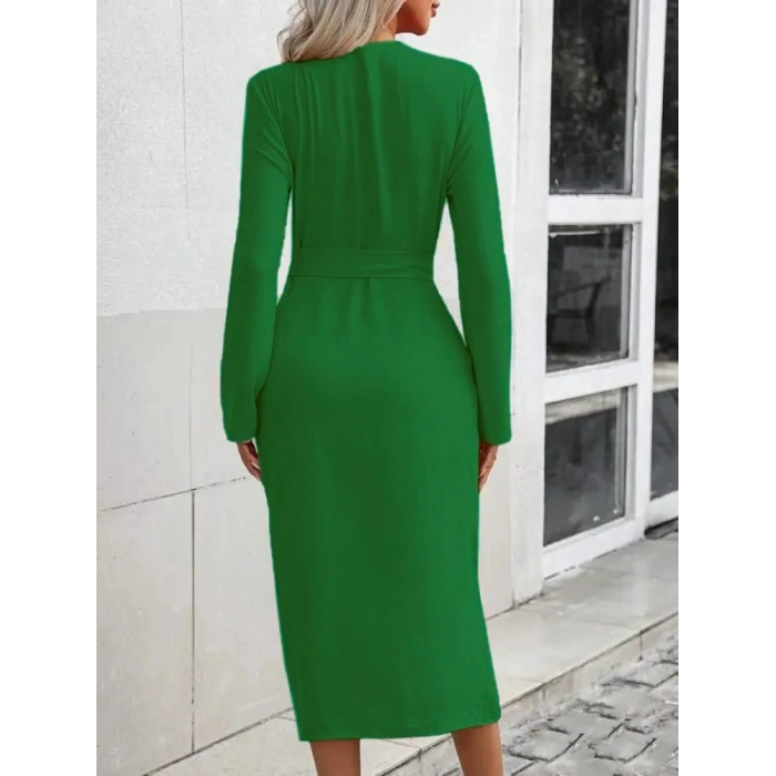 Kadın Uzun Kollu önden Düğmeli Beli Kuşaklı Aerobin Midi Elbise