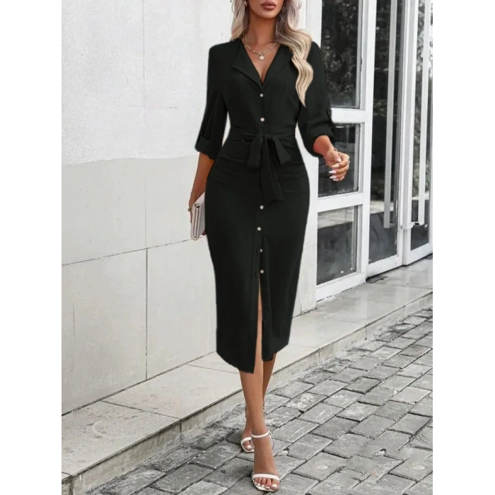 Kadın Uzun Kollu önden Düğmeli Beli Kuşaklı Aerobin Midi Elbise