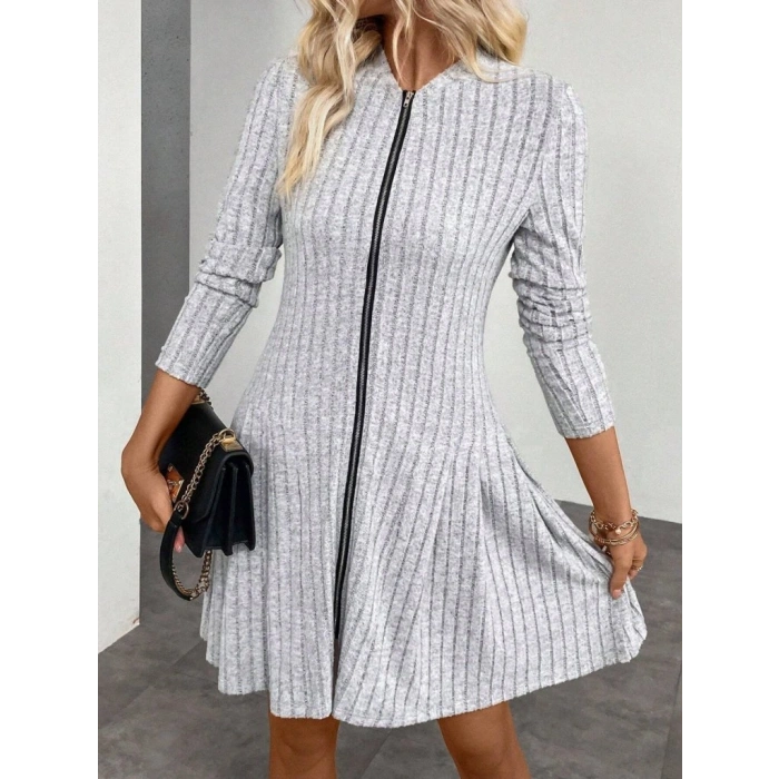 Kadın Uzun Kollu önden Fermuarlı Pileli şardonlu Kaşkorse Mini Elbise