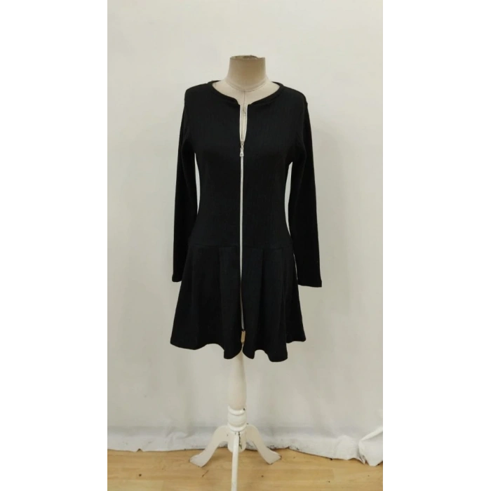 Kadın Uzun Kollu önden Fermuarlı Pileli şardonlu Kaşkorse Mini Elbise