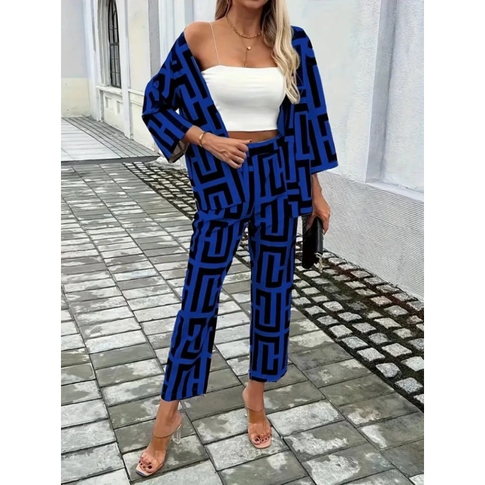 Kadın Uzun Kollu önü Açık Desenli Iki Iplik Ceket Ve Pantolon Ikili Takım