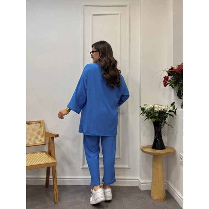 Kadın Uzun Kollu önü Açık Dokuma Ceket Ve Pantolon Ikili Takım