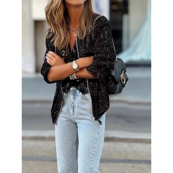 Kadın Uzun Kollu önü Fermuarlı Kısa Pulpayet Ceket