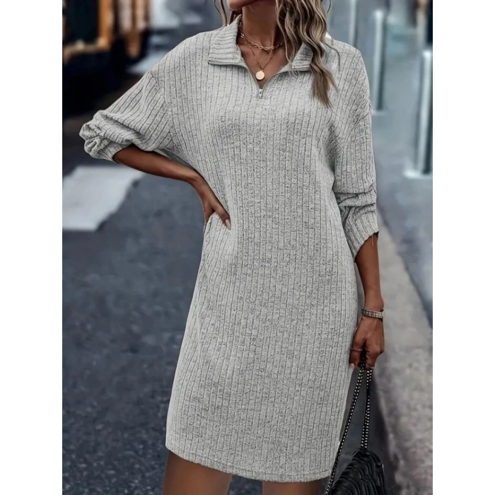 Kadın Uzun Kollu Polo Yaka Fermuar Detaylı şardonlu Kaşkorse Mini Boy Elbise