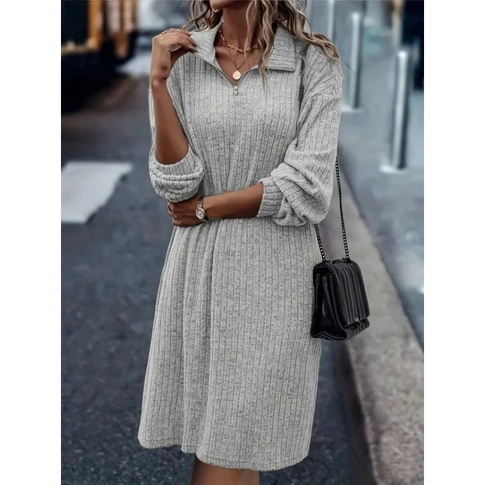 Kadın Uzun Kollu Polo Yaka Fermuar Detaylı şardonlu Kaşkorse Mini Boy Elbise