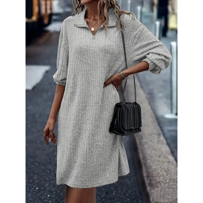 Kadın Uzun Kollu Polo Yaka Fermuar Detaylı şardonlu Kaşkorse Mini Boy Elbise