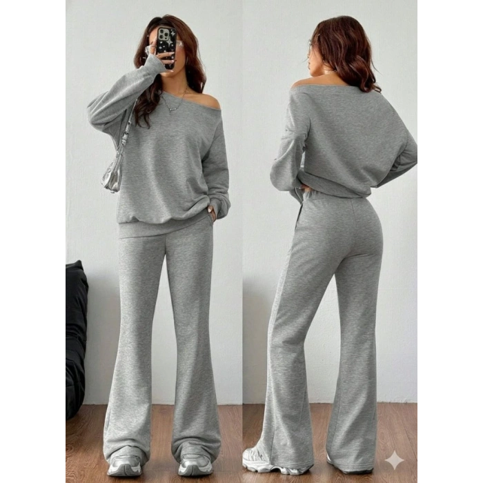 Kadın Uzun Kollu Tek Omuzdan Açık Iki Iplik Bluz Ve Pantolon Ikili Takım