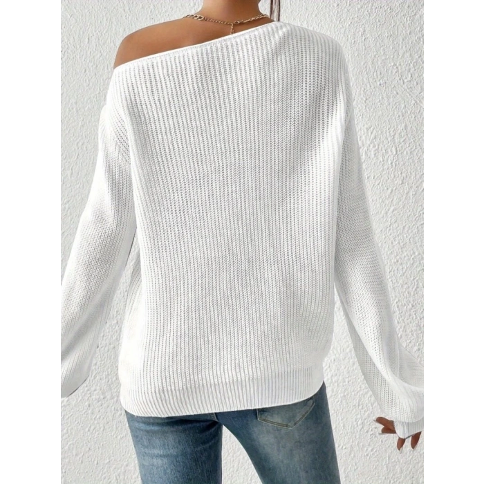 Kadın Uzun Kollu Tek Omuzu Açık Detaylı Triko Bluz