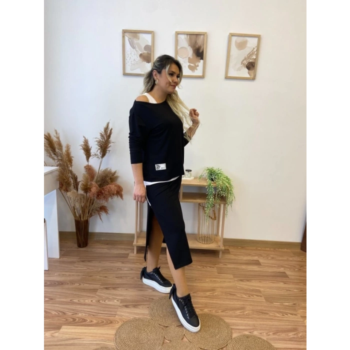 Kadın Uzun Kollu Tek Omuzu Açık Viskon Bluz Içi Atletli Ve Yandan şeritli üçlü Viskon Ikili Takım