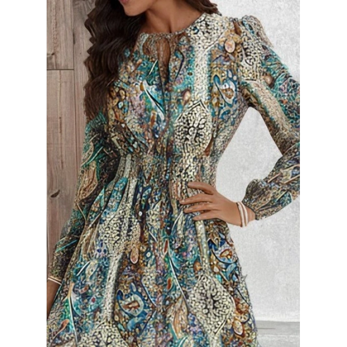 Kadın Uzun Kollu Uakadabağcıklı Beli Lastikli Desenli Uzun Süprem Elbise