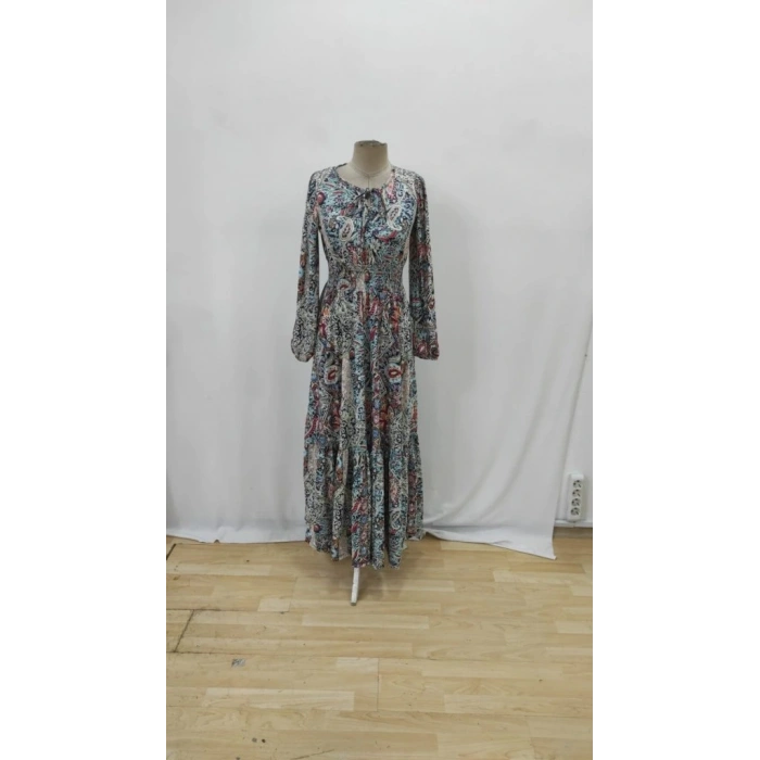 Kadın Uzun Kollu Uakadabağcıklı Beli Lastikli Desenli Uzun Süprem Elbise