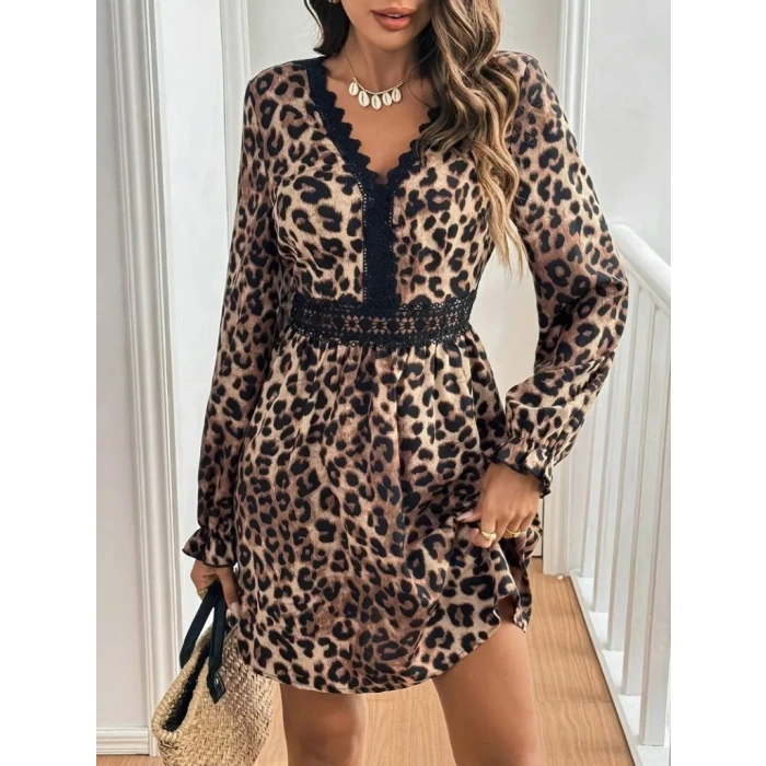 Kadın Uzun Kollu V Dantel Yakalı Leopar Desenli Modal Mini Elbise