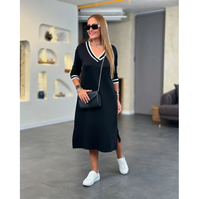 Kadın Uzun Kollu V Ribana Yakalı Yanlardan Yırtmaçlı Midi Viskon Iki Iplik Elbise
