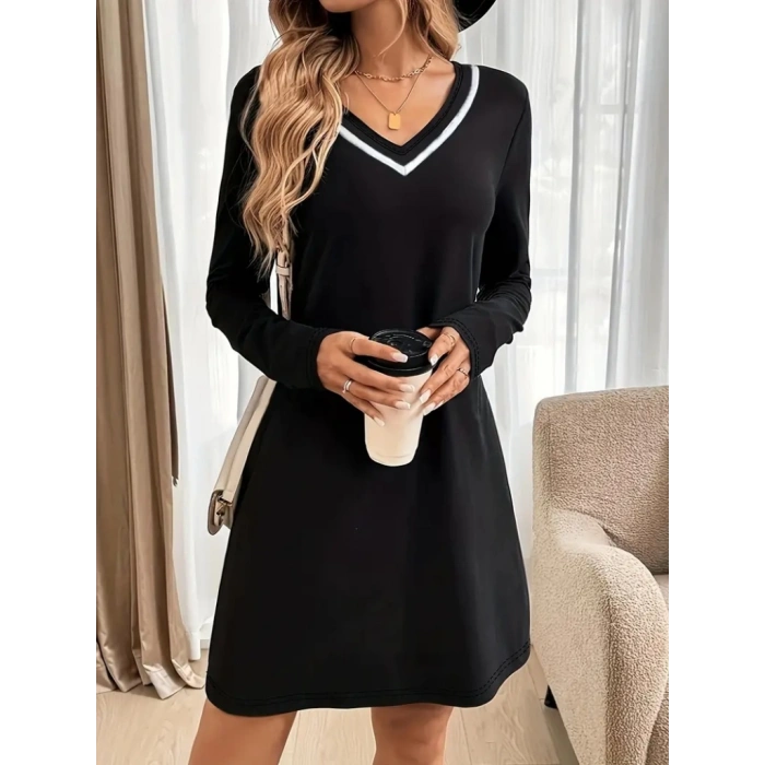 Kadın Uzun Kollu V şerit Yakalı Kısa Viskon Iki Iplik Elbise
