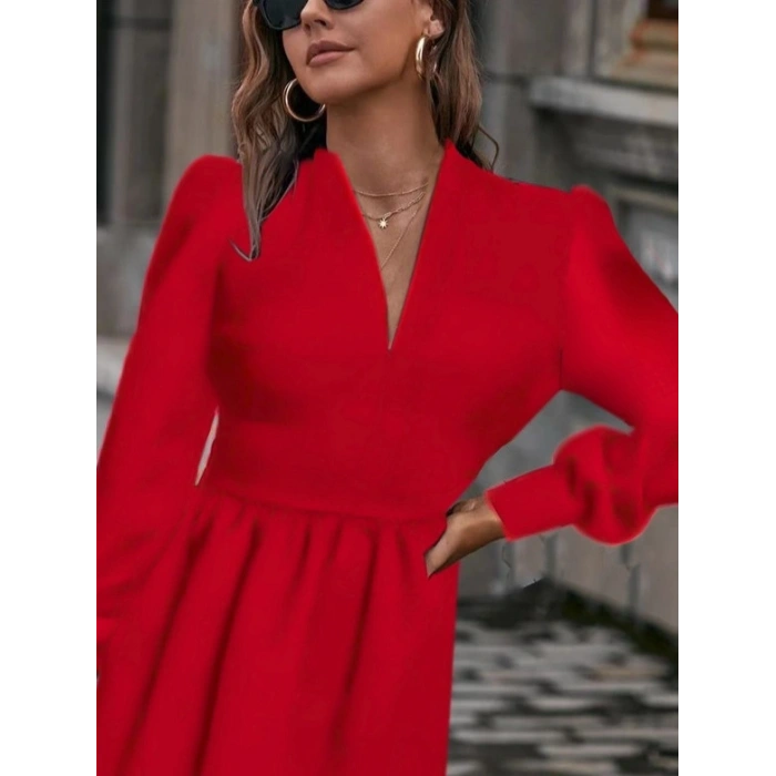 Kadın Uzun Kollu V Yaka Belden Hafif Pileli Scuba Krep Mini Boy Elbise