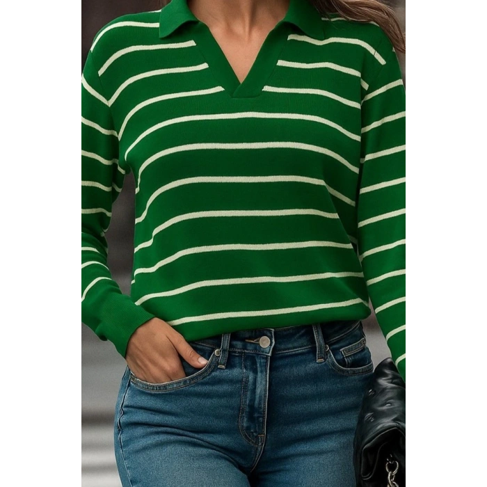 Kadın Uzun Kollu V Yaka çizgili Triko Bluz