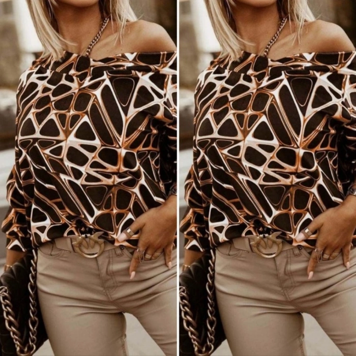 Kadın Uzun Kollu V Yaka Düşük Omuz Geometrik Desen şardonlu Dalgıç Bluz