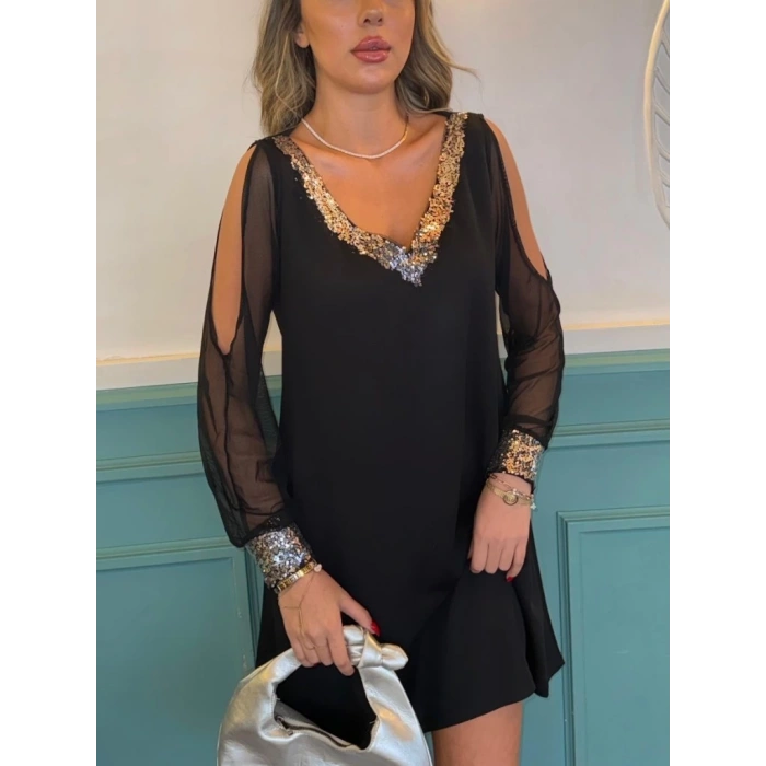 Kadın Uzun Kollu V Yaka Kollar Tül Yırtmaç Detay Kol Manşetleri Ve Yaka Payet Krep Elbise