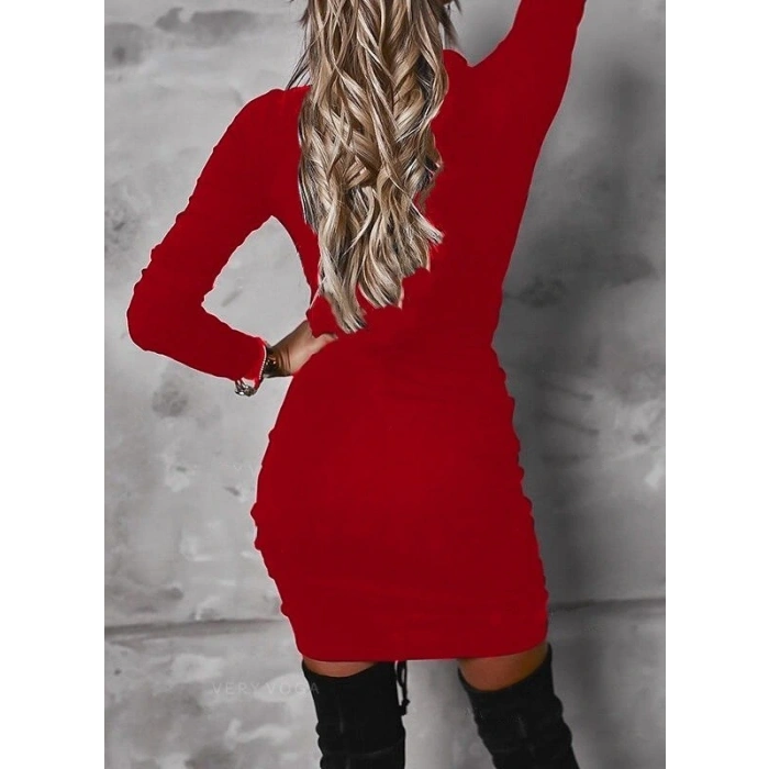 Kadın Uzun Kollu V Yaka önden Yırtmaç Büzgü Detay Kaşkorse Mini Boy Elbise